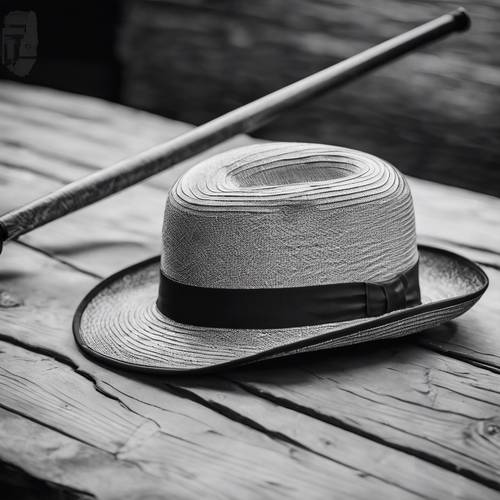 Black and white photography of a derby hat and a walking cane on a wooden table.