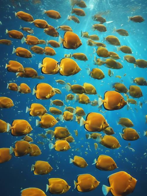 Una serie di vivaci pesci tropicali che nuotano nell&#39;oceano blu