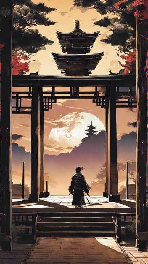 Uma forma esfumaçada de um ninja desaparecendo nas sombras em um antigo pagode iluminado pela lua em estilo anime.