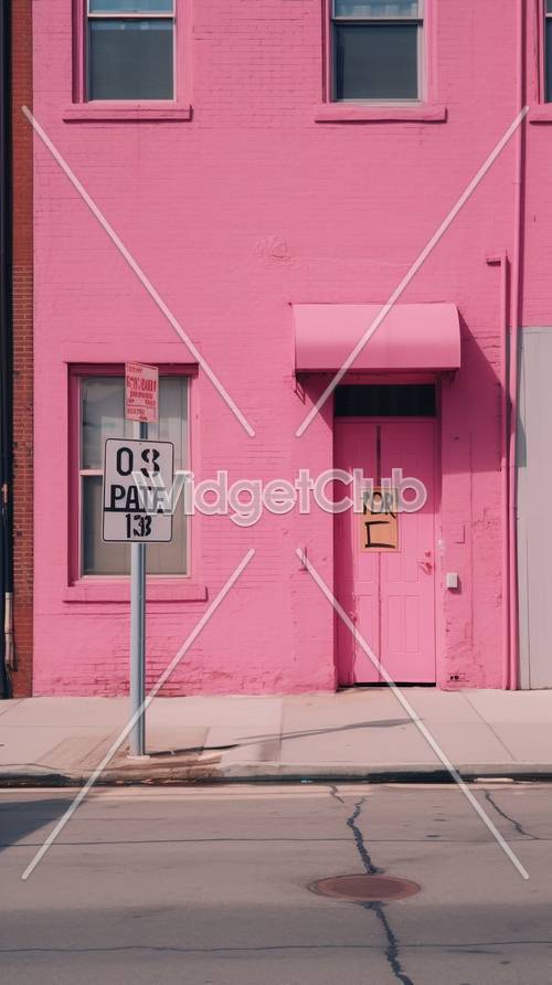 Edificio rosa brillante con puerta y ventana rosadas