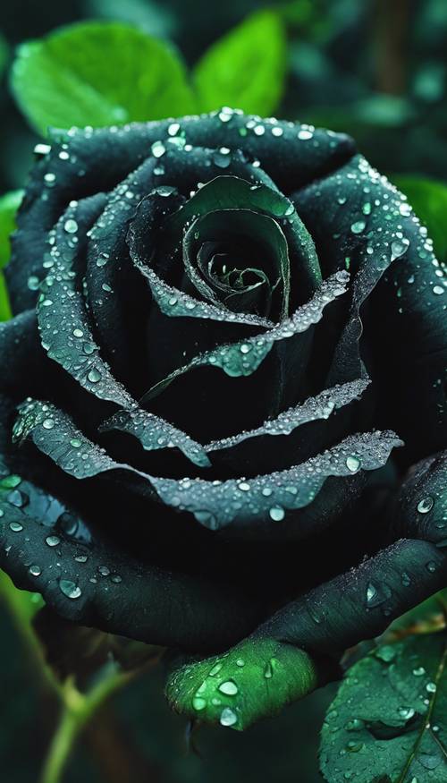 Czarna róża muśnięta rosą, otoczona jaskrawozielonymi liśćmi.