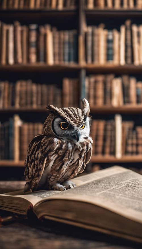 Uma coruja legal lendo um livro com uma lupa em uma biblioteca empoeirada