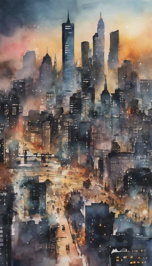A watercolor representation of a bustling city skyline.