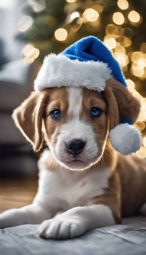 Um cachorrinho brincalhão usando um chapéu de Papai Noel azul na manhã de Natal