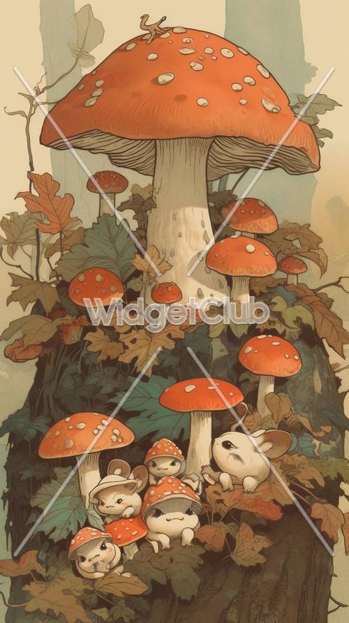 Enchanted Forest Scene with Mushrooms and Cute Creatures