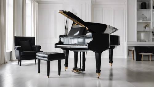 A black grand piano in a white modern minimalist living room.