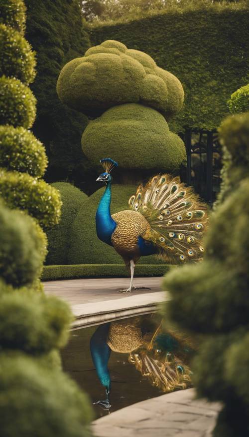 Un pavo real dorado en el jardín de un antiguo castillo, rodeado de árboles topiarios.