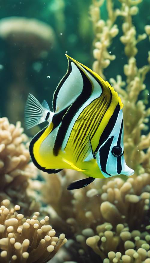 A beautiful butterflyfish exploring a lusciously green underwater vegetation.