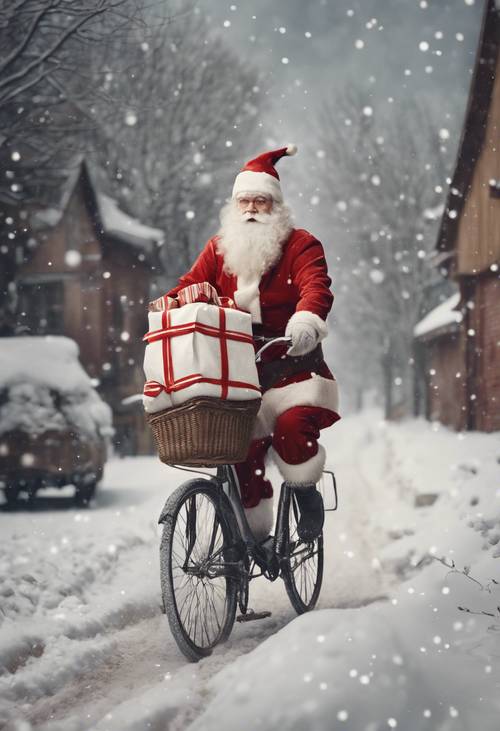 Babbo Natale in sella a una bicicletta d&#39;epoca, trasportando un sacco di regali attraverso un villaggio innevato.