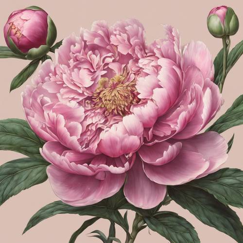 Ilustrasi botani kuno dari bunga peoni merah muda, penuh dengan detail yang rumit.