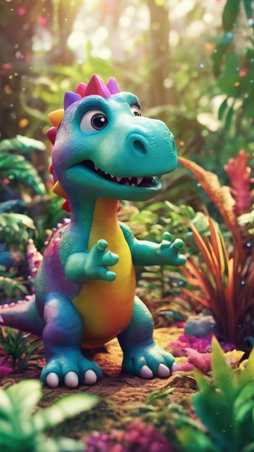 A landscape featuring adorable, cartoon-style dinosaurs in rainbow shades, cheerfully wandering around a colorful jungle.