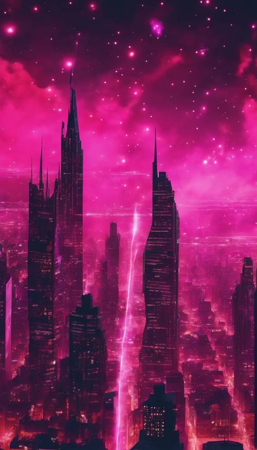 Eine surreale Darstellung einer Stadtskyline unter einem faszinierenden leuchtend rosa Polarlicht.