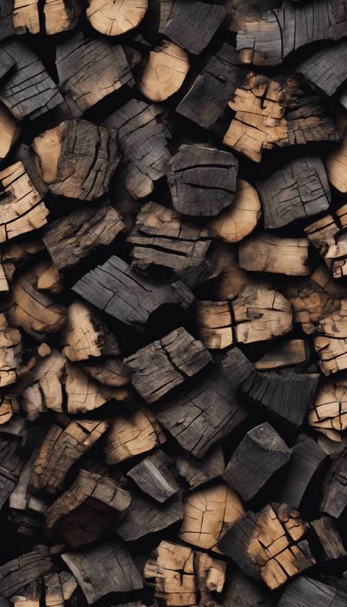 A seamless pattern with pieces of charred wood in a dark, mysterious collage.