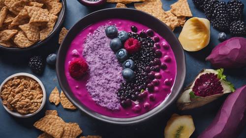 Eine auffällige Food-Collage mit violetten Lebensmitteln wie Acai-Schalen, blauen Mais-Chips und Rote-Beete-Suppe.
