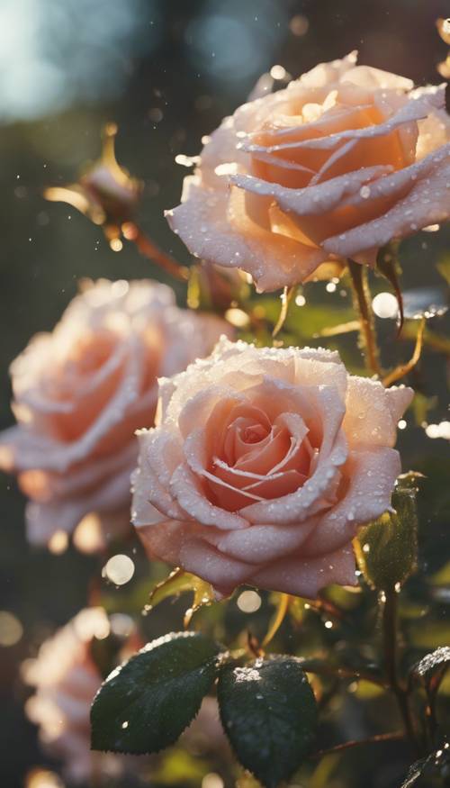 Foto close-up mawar yang dicium embun berjemur di bawah cahaya pagi.