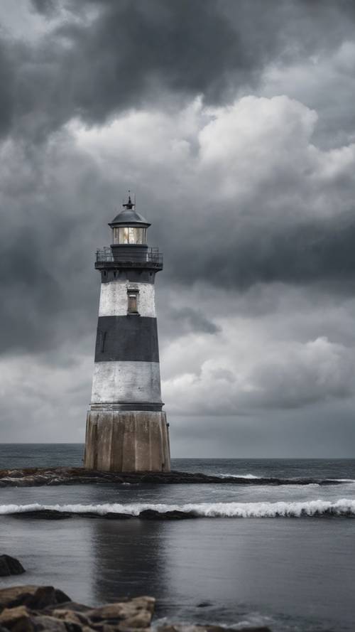 A lighthouse painted in stripes of gray and white under a cloudy, stormy sky.