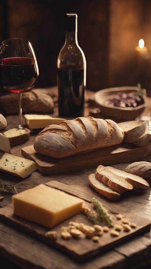 Detaillierte Nahaufnahme eines rustikalen Holztischs im französischen Landhausstil, gedeckt mit frischem Brot, Wein und Käse unter warmer Innenbeleuchtung.