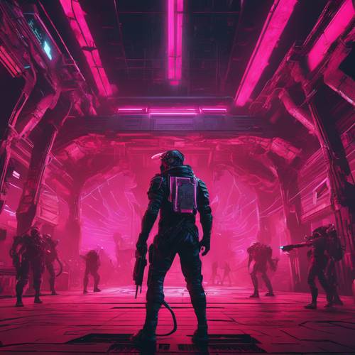 Una intensa batalla ciberpunk en una arena subterránea iluminada en rojo con armas tecnológicas negras y afiladas.