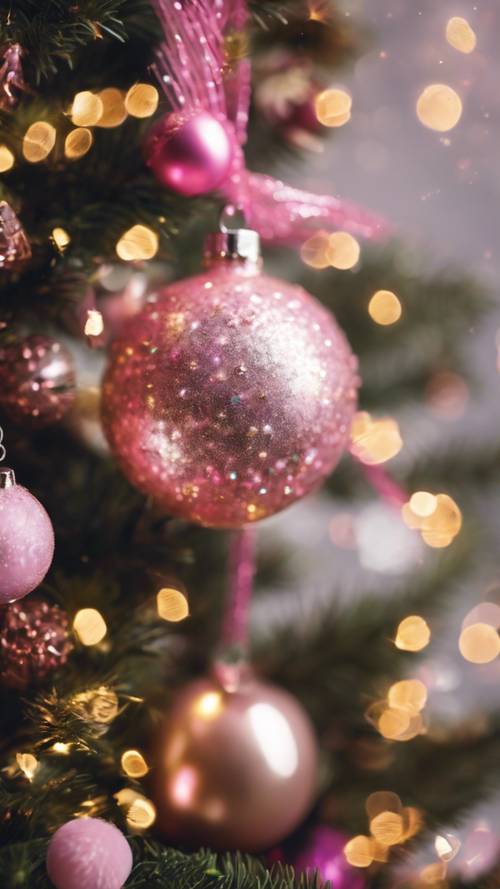 Pohon Natal meriah yang dihias dengan pernak-pernik merah muda dan emas serta perada berkilauan.