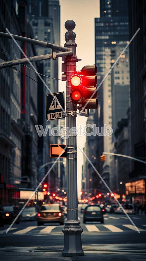 Strada cittadina con semafori al tramonto