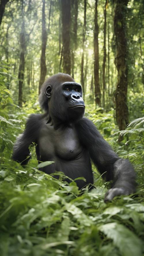 Młody goryl przymierzający zbyt duże, wyrzucone okulary przeciwsłoneczne na bujnej leśnej łące.