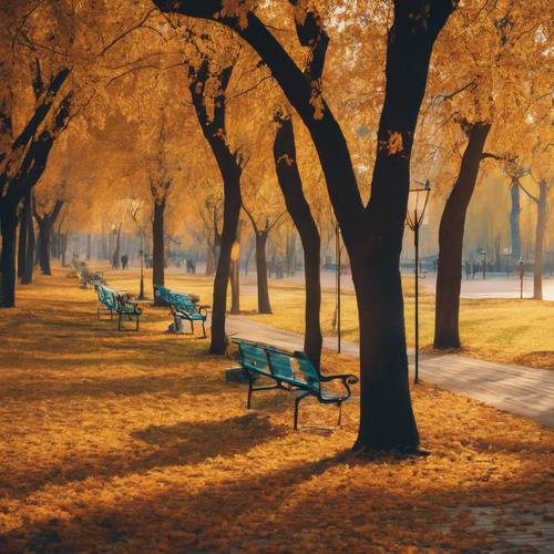 Ein Panoramablick auf den Gorki-Park in Moskau im Herbst, der Bäume in leuchtenden Herbstfarben zeigt.