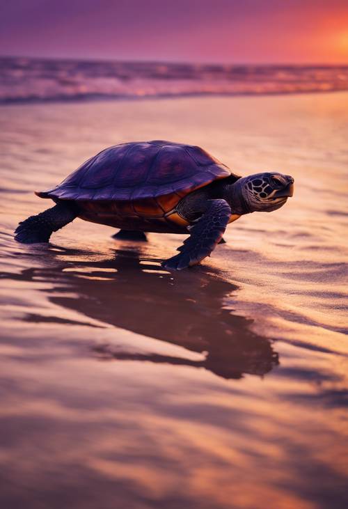 Bidikan siluet seekor kura-kura dalam warna ungu dan oranye saat matahari terbenam di pantai.