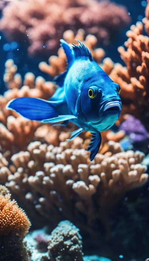 Um peixe azul vibrante nadando no fundo do mar entre recifes de coral.