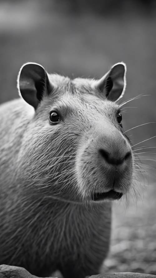 A black and white portrait of a capybara, emphasising the animal's size and stature. Tapet [442a72272b45432a8c7c]