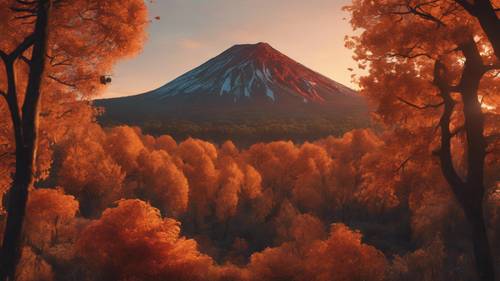 A dormant volcano nestled in an autumn forest, warmed by the orange hue of the setting sun.