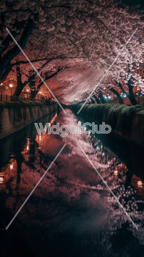 Cherry Blossom Night Reflections Tapetai [792b406a02184e73a4af]