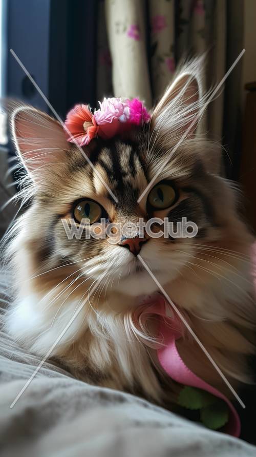 Lindo gato esponjoso con flor en la cabeza