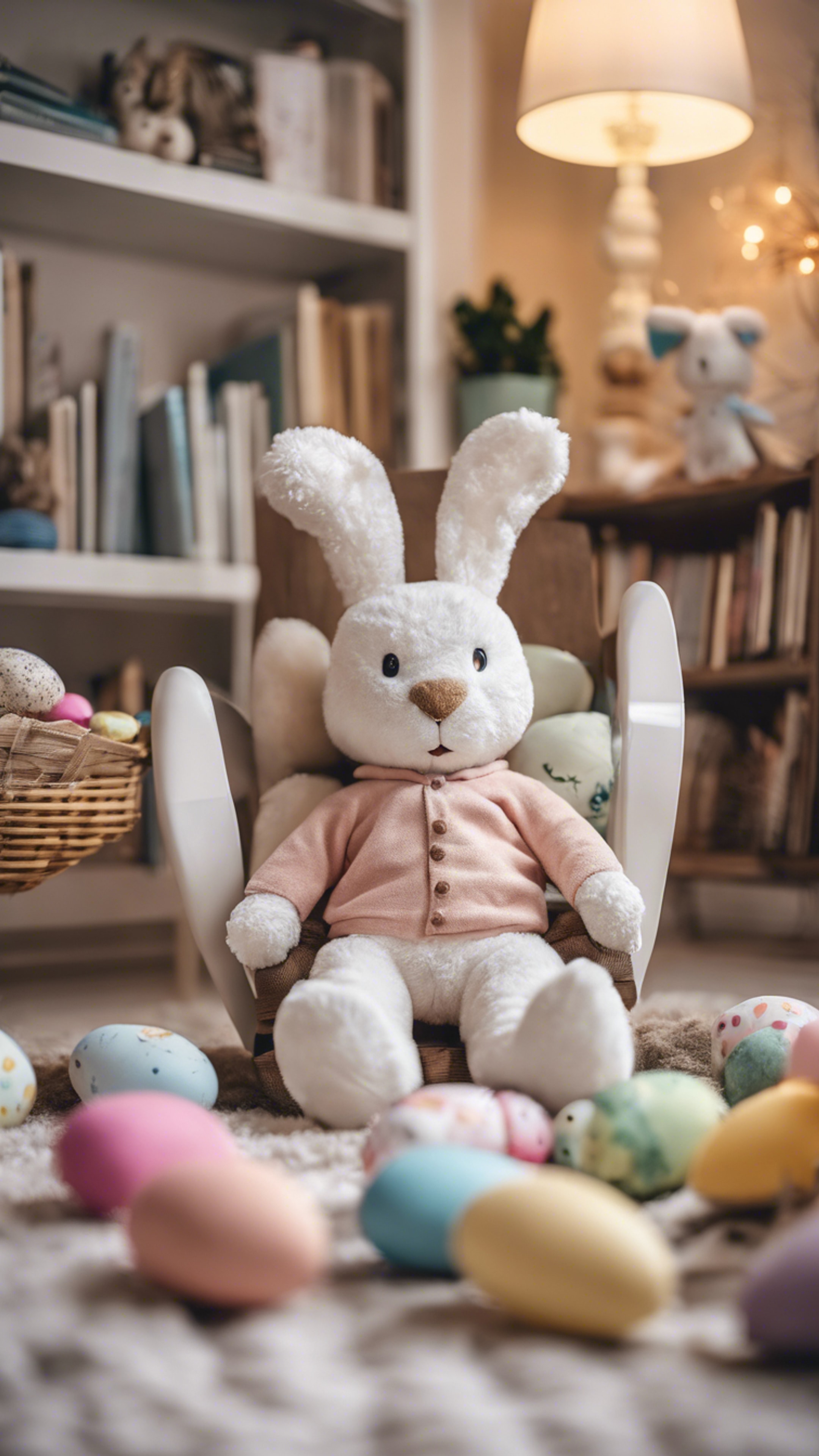Easter-themed reading nook with a cozy chair surrounded by stuffed bunny toys. Wallpaper[fe6e2bbd8a084af49b48]