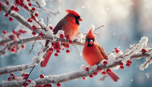 一對紅鳥坐在掛滿新年裝飾品的樹枝上。