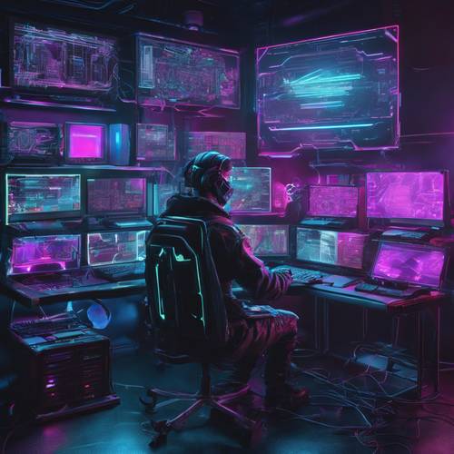Cyber-haker pracujący na wielu holograficznych ekranach w ciemnym pokoju.