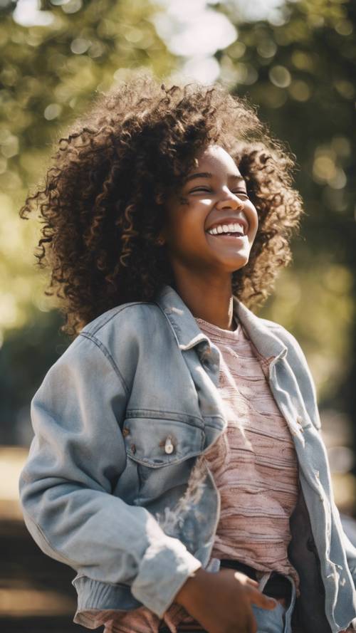Uma jovem negra confiante, com cabelos grandes e cacheados, rindo enquanto brincava em um parque da cidade durante uma tarde ensolarada.