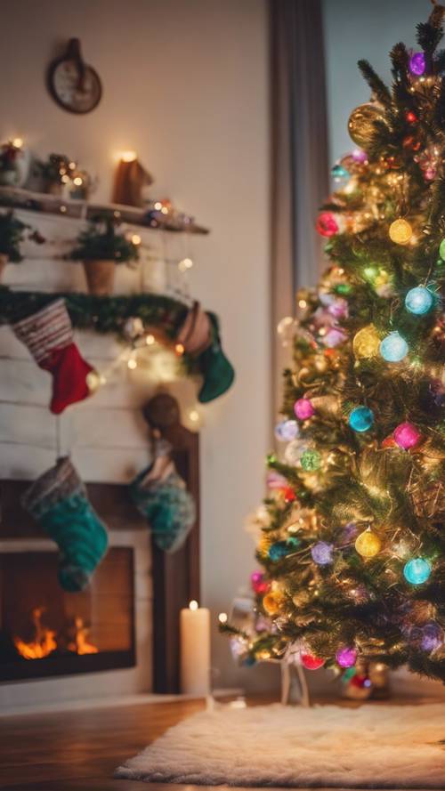 Uma árvore de Natal lindamente decorada com luzes multicoloridas brilhando em uma aconchegante sala de estar.