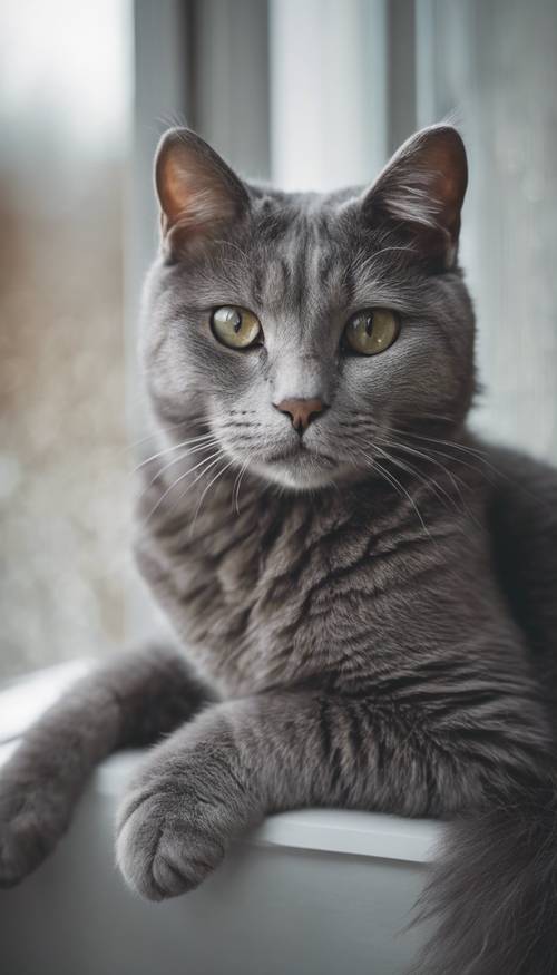 Un gato gris con ojos plateados sentado en el alféizar de la ventana.