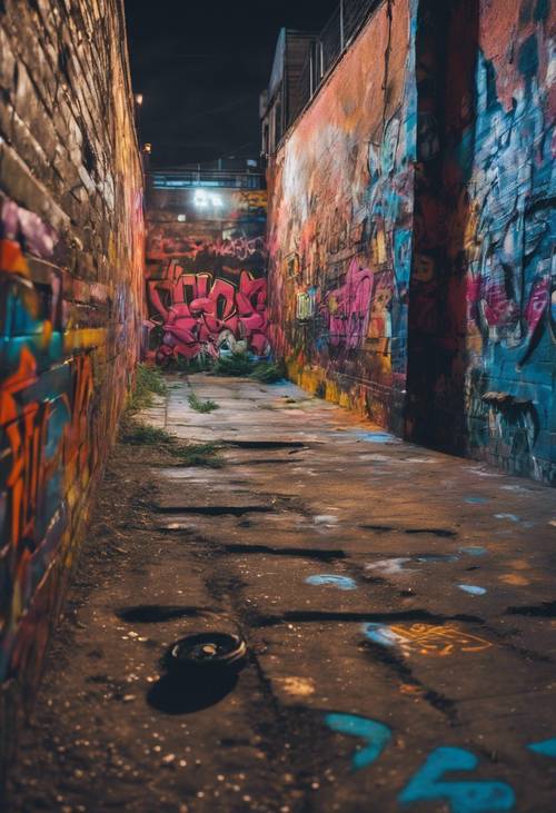 Penggambaran pemandangan kota yang semarak di malam hari sebagai grafiti di dinding panjang yang pernah ditinggalkan