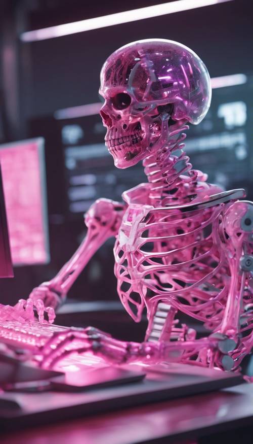 첨단 컴퓨터를 작동하는 반투명 분홍색 해골의 미래적 이미지.