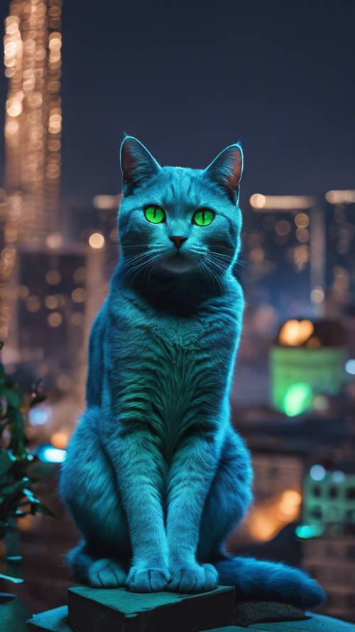 Una imagen futurista de un místico gato azul con grandes y luminosos ojos verdes sentado en un tejado iluminado con luces de neón, contemplando la ciudad por la noche.