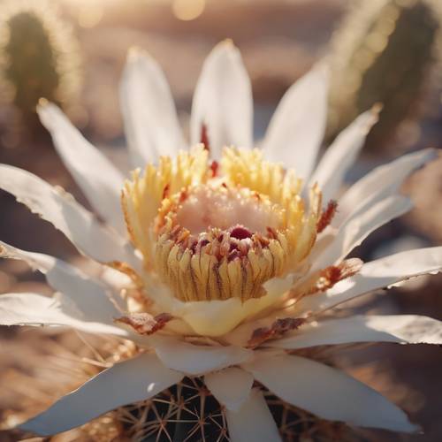 Un&#39;illustrazione dettagliata di un fiore di cactus che fiorisce nel deserto bruciato sotto un sole cocente.