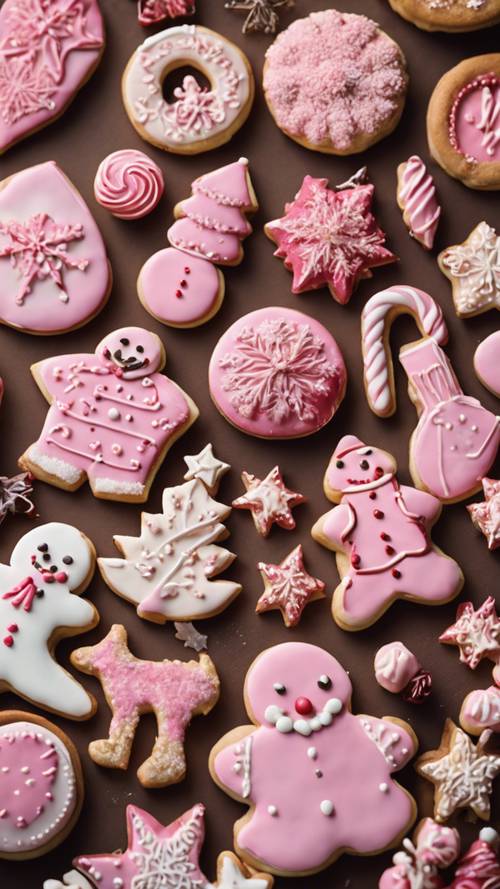 Vari tipi di biscotti e dolci natalizi rosa posati su un tavolo con decorazioni festive.