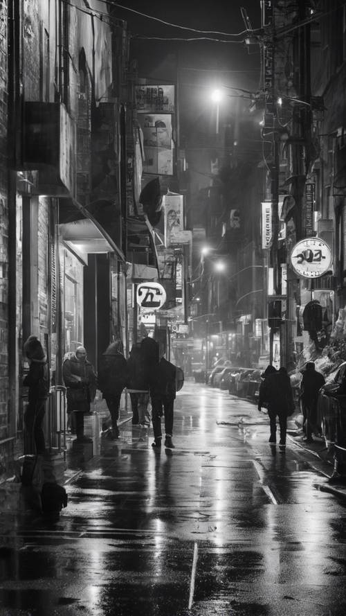 Un collage sucio de escenas callejeras urbanas en blanco y negro a medianoche.