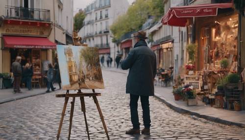 مشهد رومانسي من مونتمارتر، باريس، مع لوحة فنية في الشارع