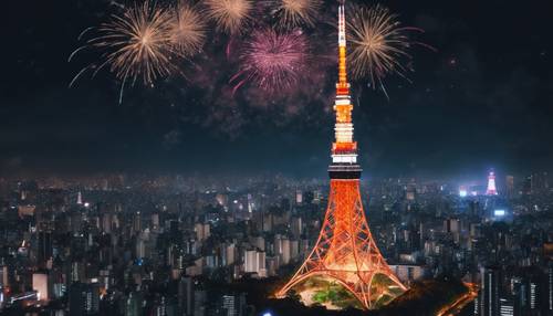 Torre de Tóquio à noite, iluminada com belas luzes e fogos de artifício, simbolizando as celebrações de Ano Novo.