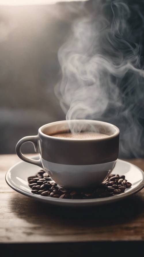 A close-up of a steaming cup of coffee in the stillness of the early morning.