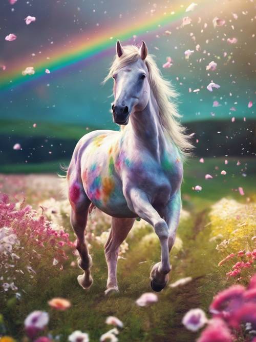 Un unicornio de ensueño con los colores del arcoíris galopando sobre un campo de flores mágicas