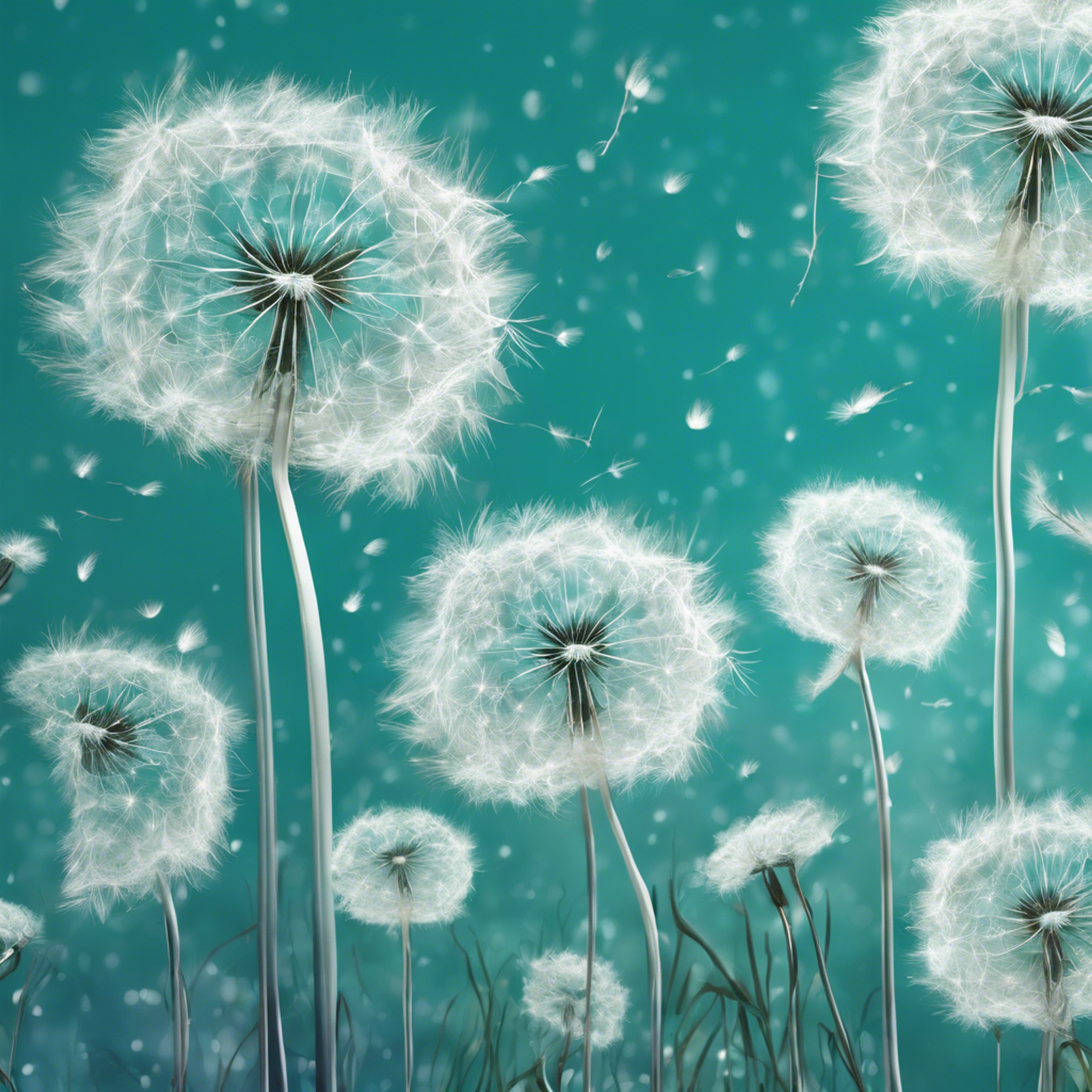 Digitally hand-drawn picture of white dandelions dancing with the breeze against a vivid, teal sky.壁紙[167ad6a77aa64b15a2db]