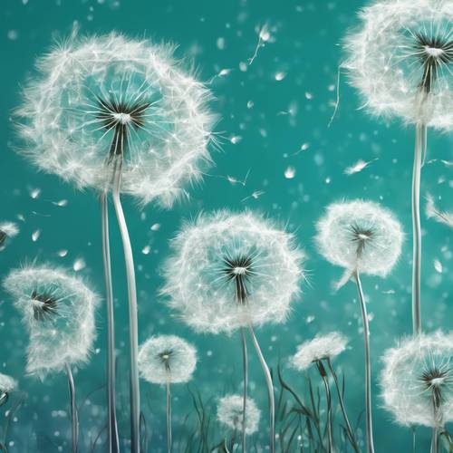 Gambar bunga dandelion putih yang digambar tangan secara digital menari bersama angin sepoi-sepoi di langit cerah dan biru kehijauan.